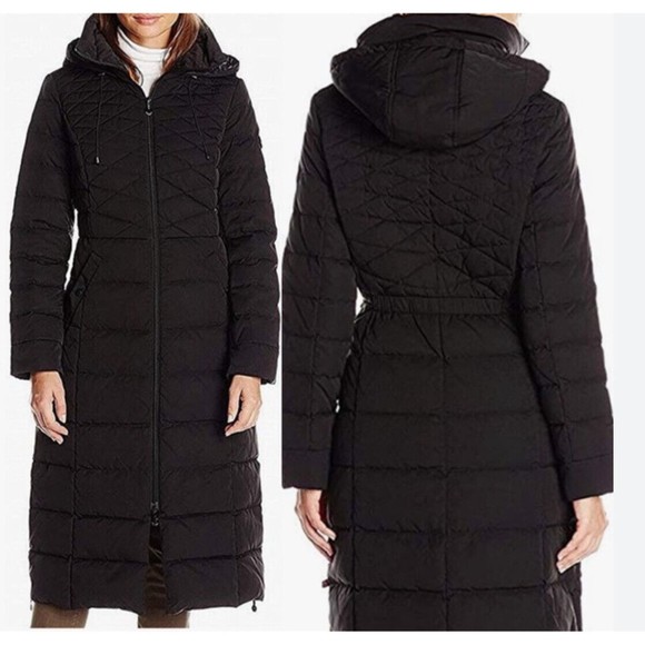 BERNARDO Quilted CALF Long Coat JACKET EcoPlume Fill HOODED ZIPPER  L Puffer - Picture 2 of 10